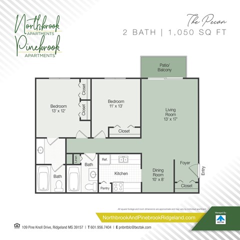 Floor plan for 2 beds, 2 baths, 1050 sqft